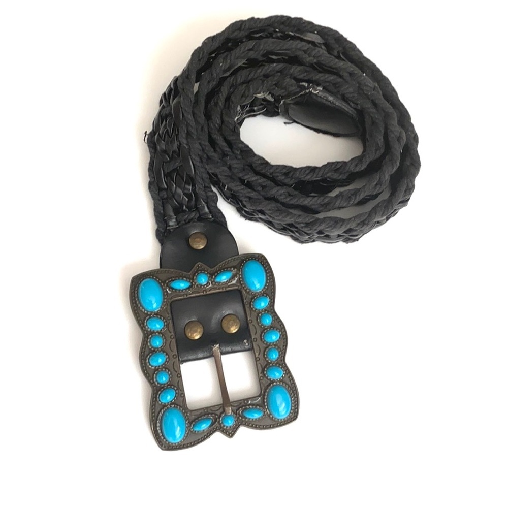 BoHo Black woven belt withโ jeweled buckle